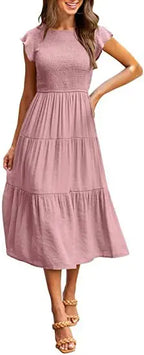 Flutter Sleeve Round Neck Tiered Swing Midi Dress