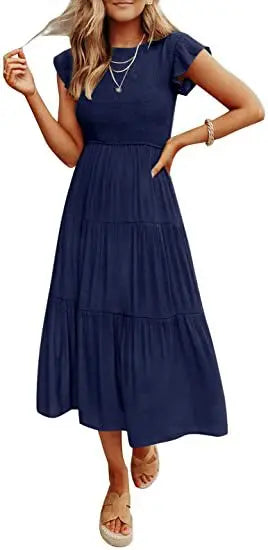 Flutter Sleeve Round Neck Tiered Swing Midi Dress