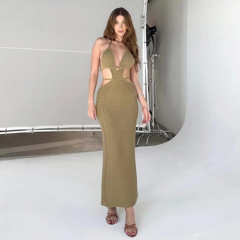 Crochet Knit Halter Neck Waist Cut Out Wrap Strap Bodycon Maxi Dress