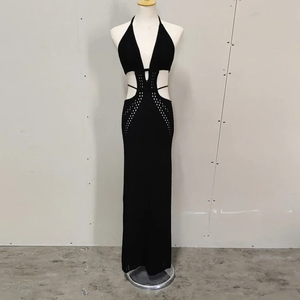 Crochet Knit Halter Neck Waist Cut Out Wrap Strap Bodycon Maxi Dress