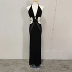 Crochet Knit Halter Neck Waist Cut Out Wrap Strap Bodycon Maxi Dress