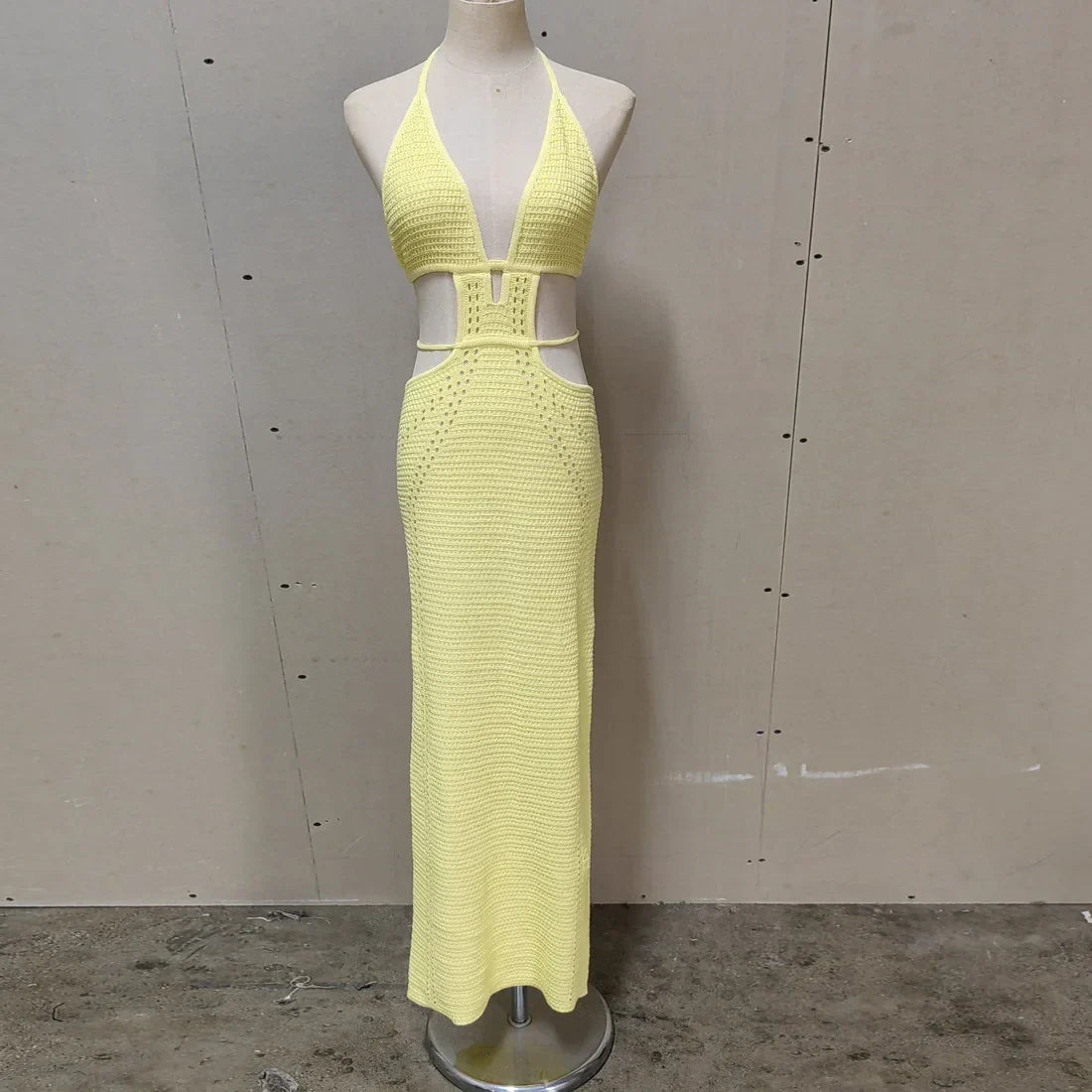 Crochet Knit Halter Neck Waist Cut Out Wrap Strap Bodycon Maxi Dress