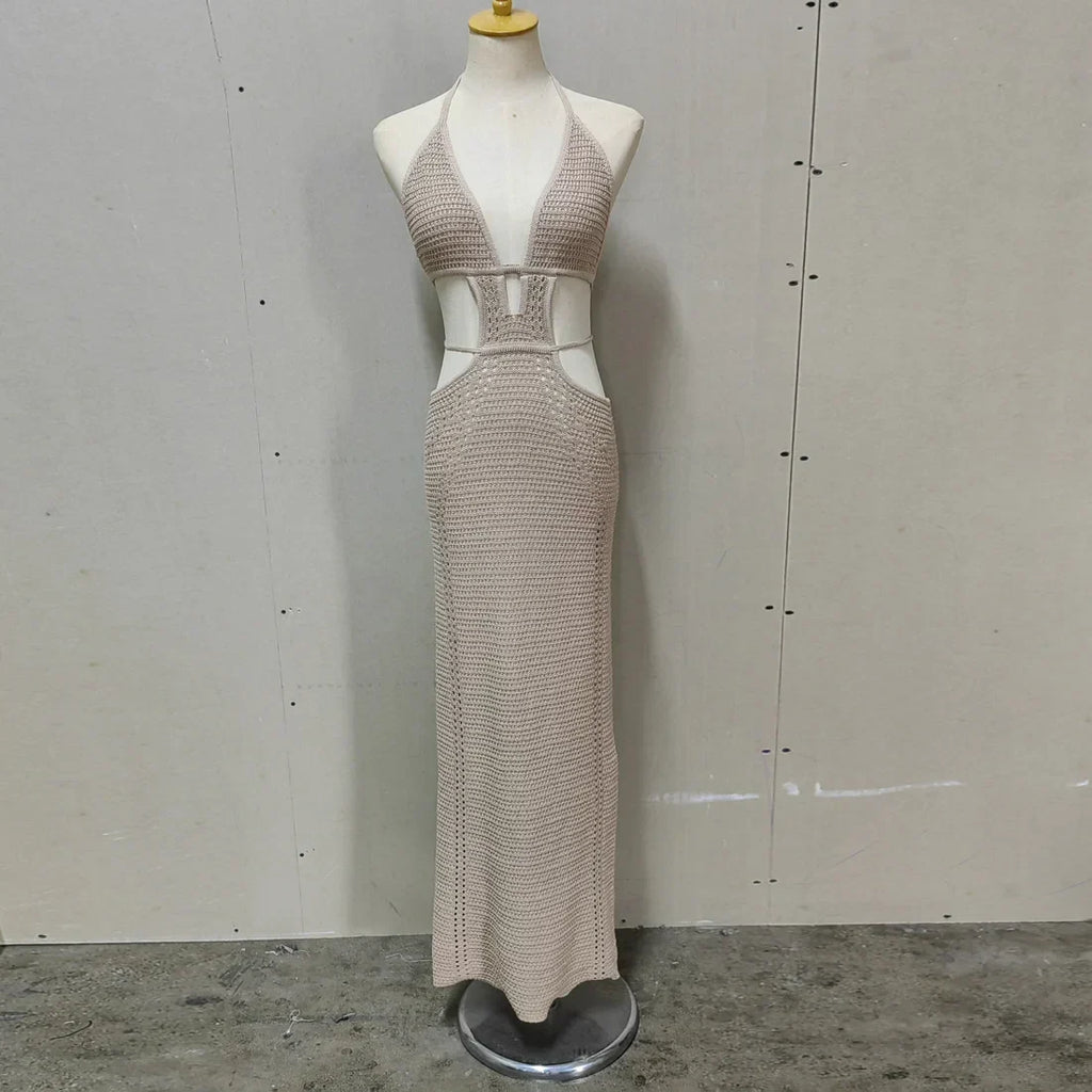 Crochet Knit Halter Neck Waist Cut Out Wrap Strap Bodycon Maxi Dress