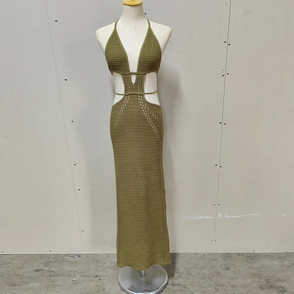 Crochet Knit Halter Neck Waist Cut Out Wrap Strap Bodycon Maxi Dress