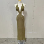 Crochet Knit Halter Neck Waist Cut Out Wrap Strap Bodycon Maxi Dress