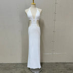 Crochet Knit Halter Neck Waist Cut Out Wrap Strap Bodycon Maxi Dress