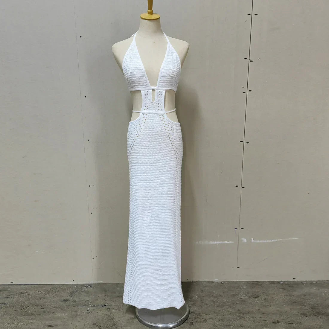 Crochet Knit Halter Neck Waist Cut Out Wrap Strap Bodycon Maxi Dress