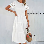 Smocked Crew Neck Eyelet Sleeve Tiered Midi Dress