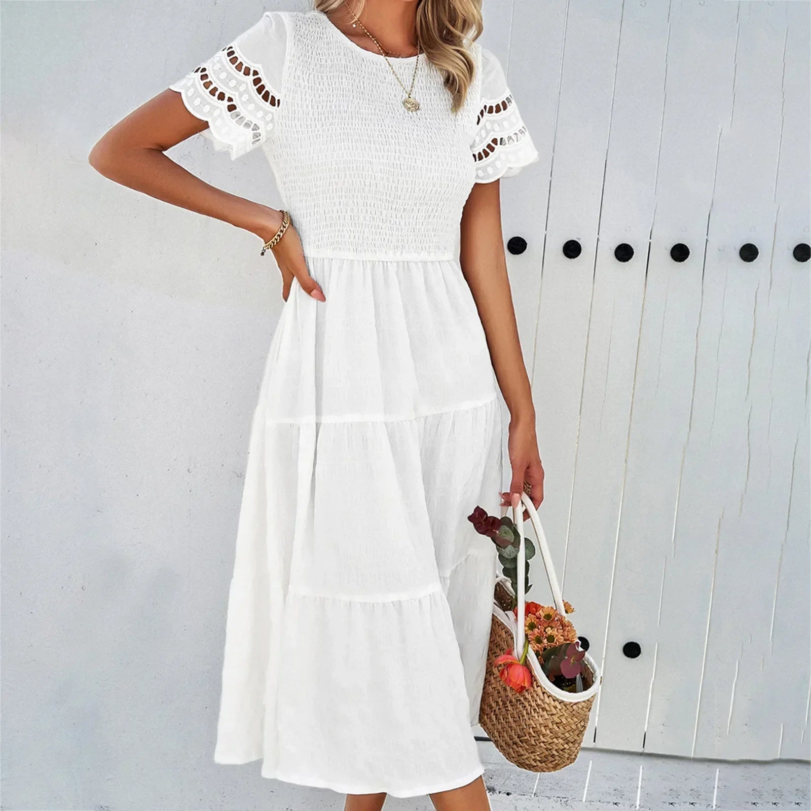 Smocked Crew Neck Eyelet Sleeve Tiered Midi Dress