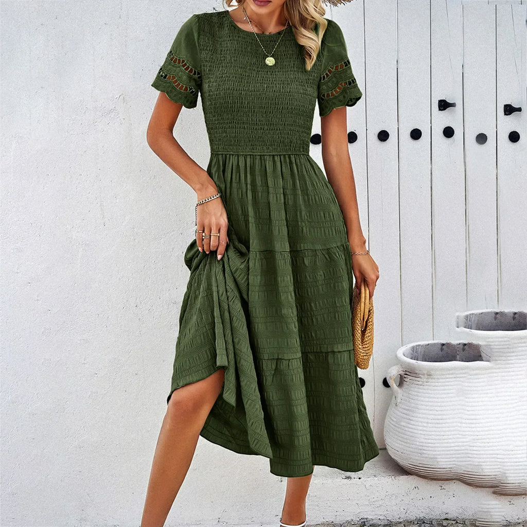 Smocked Crew Neck Eyelet Sleeve Tiered Midi Dress