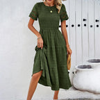 Smocked Crew Neck Eyelet Sleeve Tiered Midi Dress