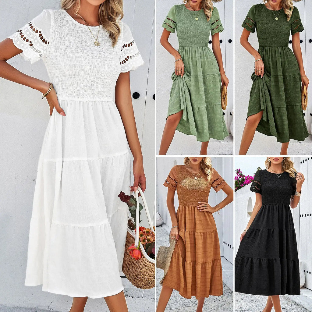 Smocked Round Neck Eyelet Lace Flutter Sleeve Tiered Midi Dress