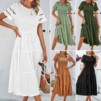 Smocked Round Neck Eyelet Lace Flutter Sleeve Tiered Midi Dress