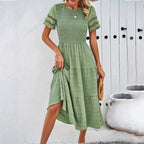 Smocked Crew Neck Eyelet Sleeve Tiered Midi Dress