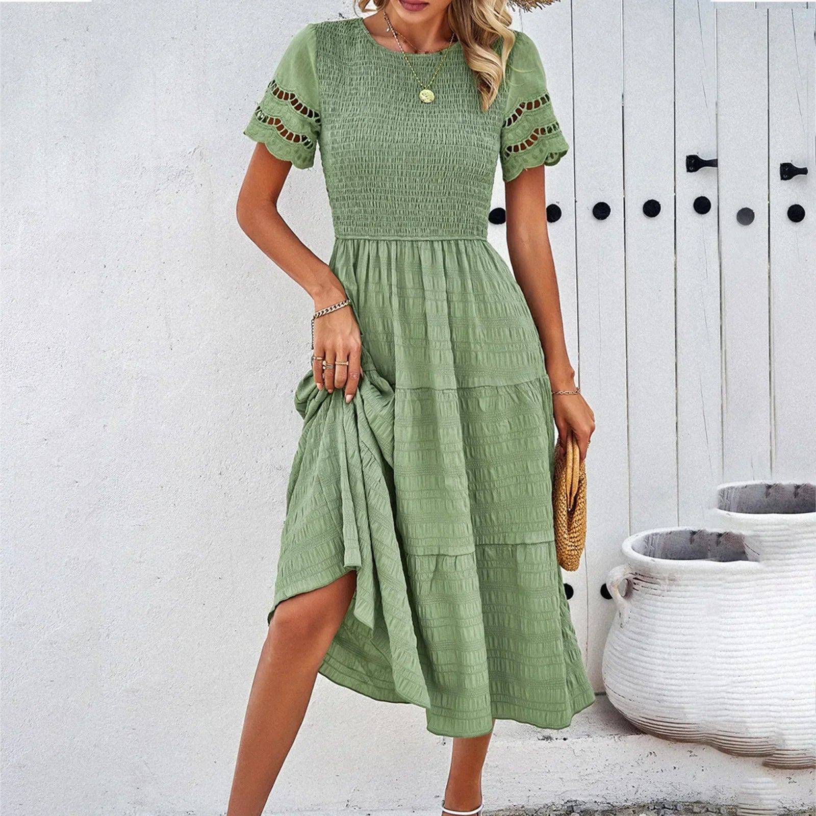 Smocked Crew Neck Eyelet Sleeve Tiered Midi Dress