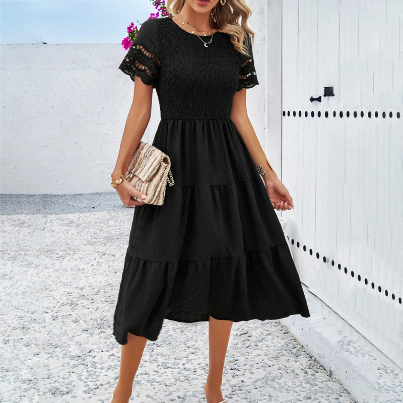 Smocked Crew Neck Eyelet Sleeve Tiered Midi Dress