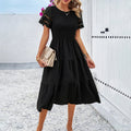 Smocked Crew Neck Eyelet Sleeve Tiered Midi Dress