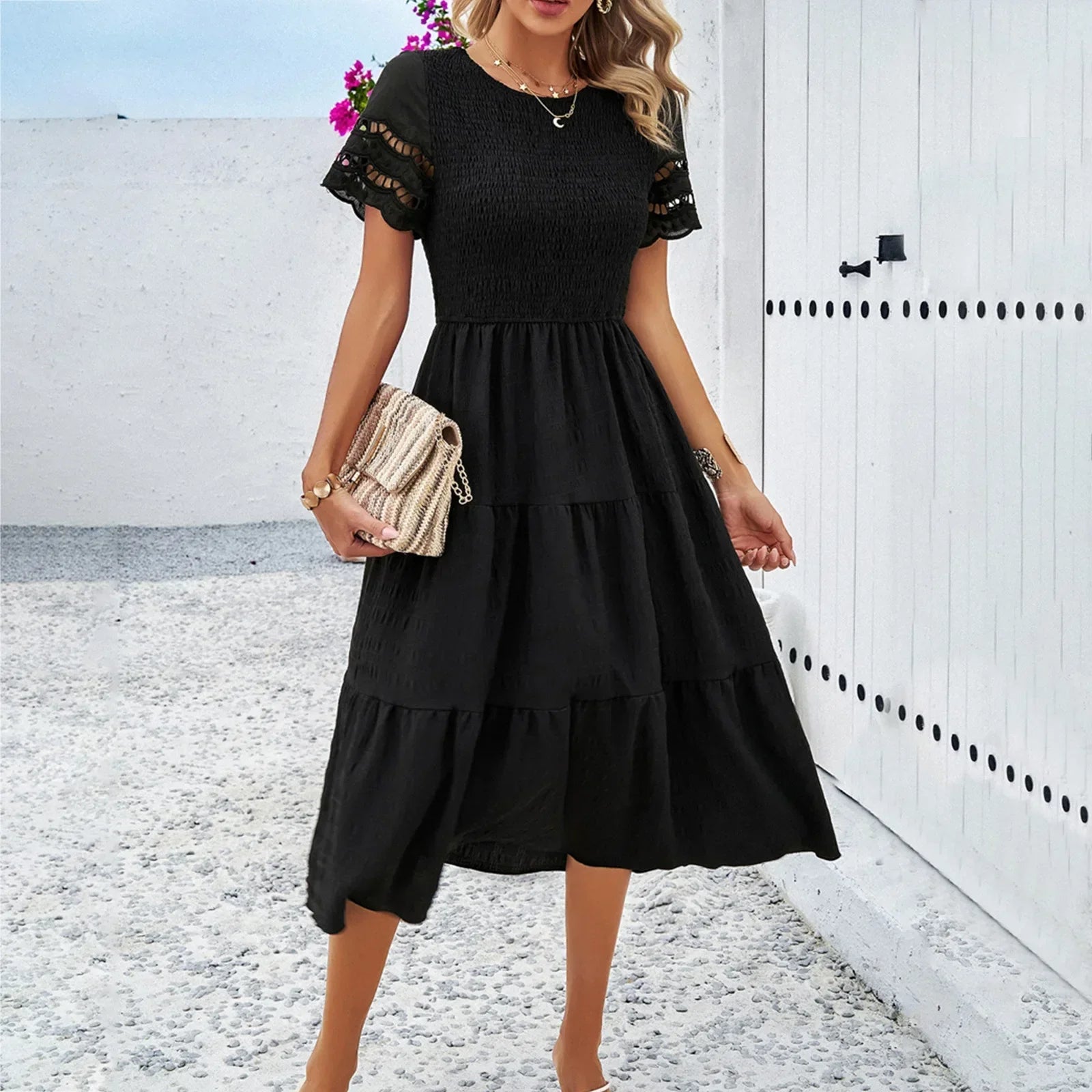 Smocked Round Neck Eyelet Lace Flutter Sleeve Tiered Midi Dress