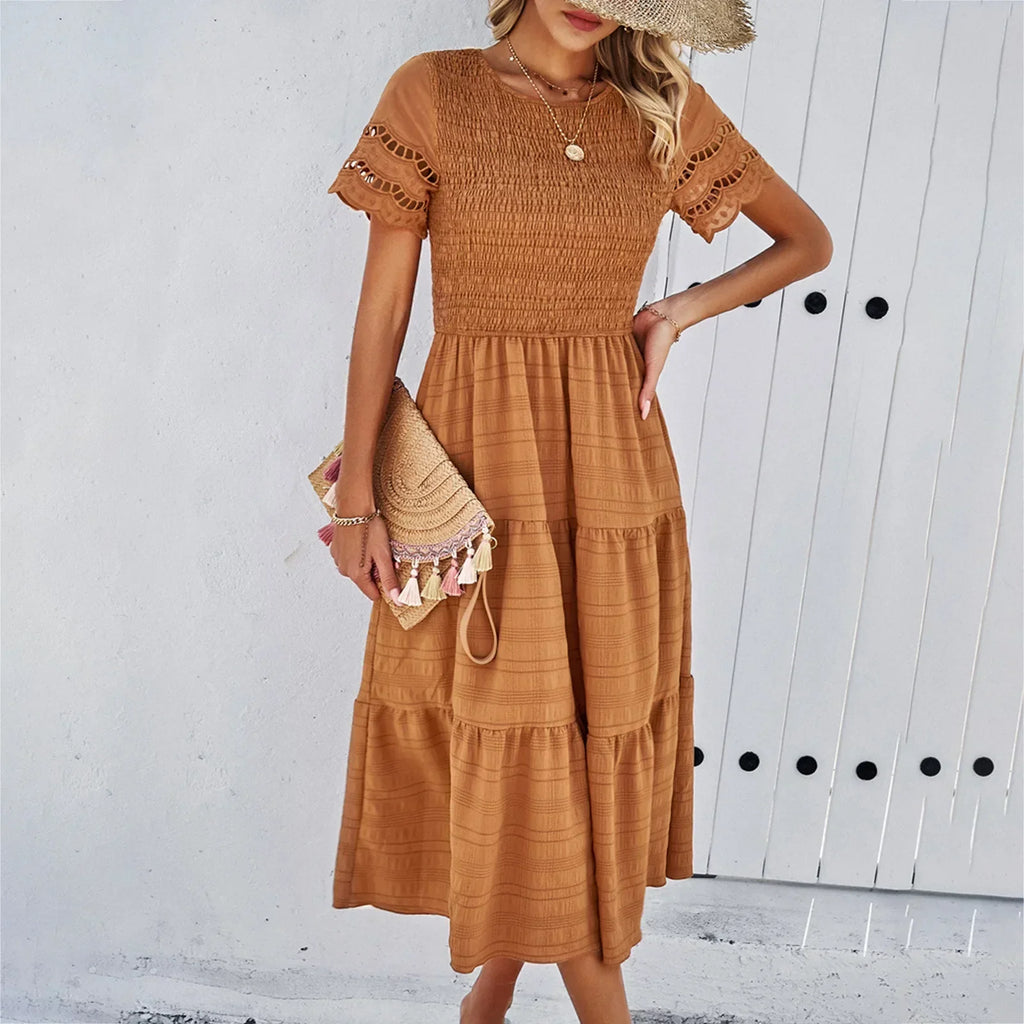 Smocked Crew Neck Eyelet Sleeve Tiered Midi Dress