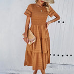 Smocked Crew Neck Eyelet Sleeve Tiered Midi Dress