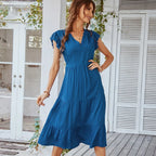 V-Neck Ruffle Cap Sleeve Tiered Midi Dress
