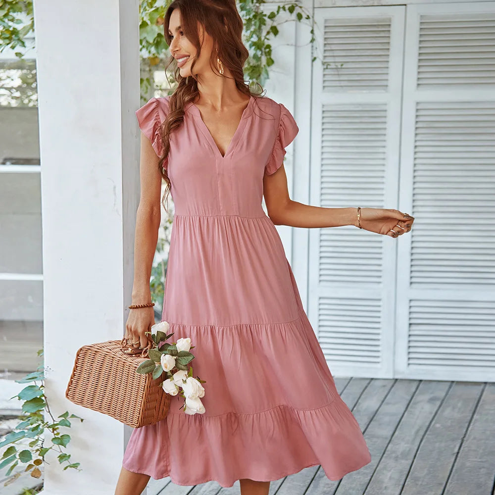 V-Neck Ruffle Cap Sleeve Tiered Midi Dress