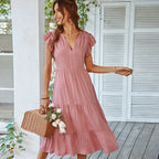 V-Neck Ruffle Cap Sleeve Tiered Midi Dress
