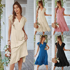 V-Neck Flutter Sleeve Tiered A-Line Midi Dress