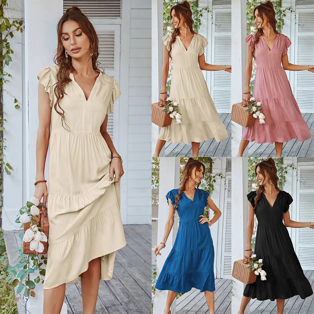 V-Neck Flutter Sleeve Tiered A-Line Midi Dress