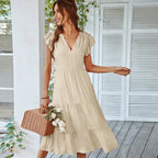V-Neck Flutter Sleeve Tiered A-Line Midi Dress