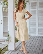 V-Neck Ruffle Cap Sleeve Tiered Midi Dress
