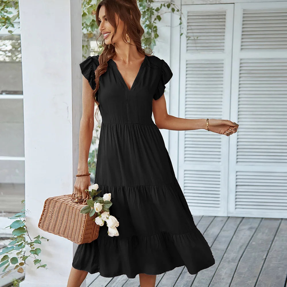 V-Neck Ruffle Cap Sleeve Tiered Midi Dress