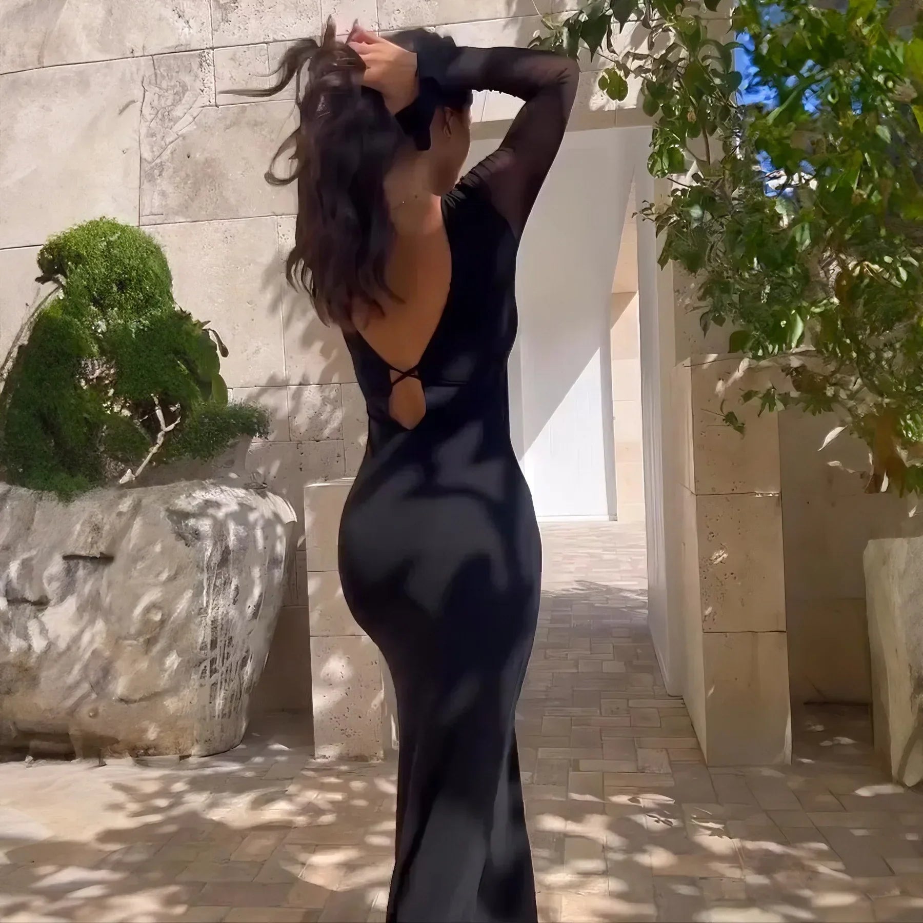 Mesh Sleeve Open Back Criss Cross Strap Bodycon Maxi Dress