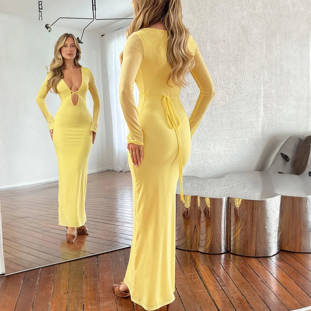 Mesh Sleeve Open Back Criss Cross Strap Bodycon Maxi Dress