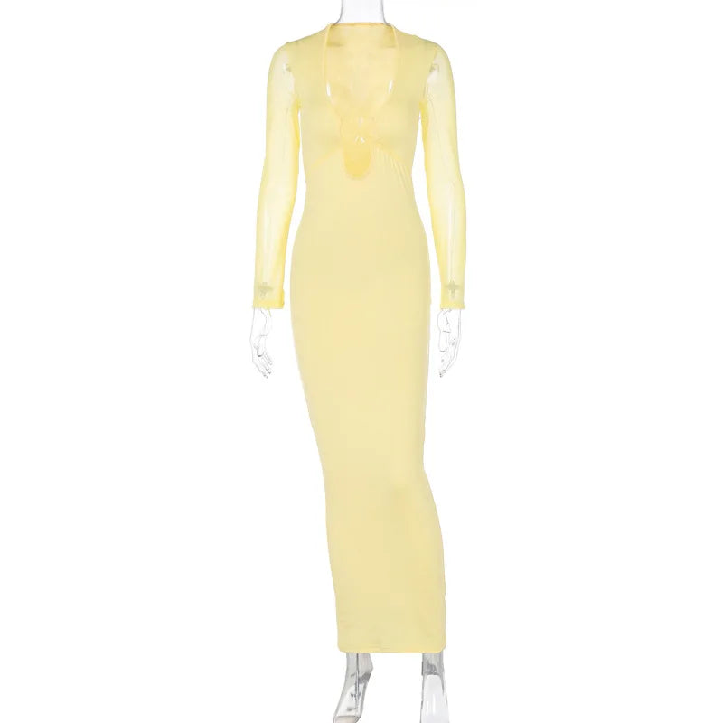 Mesh Sleeve Open Back Criss Cross Strap Bodycon Maxi Dress