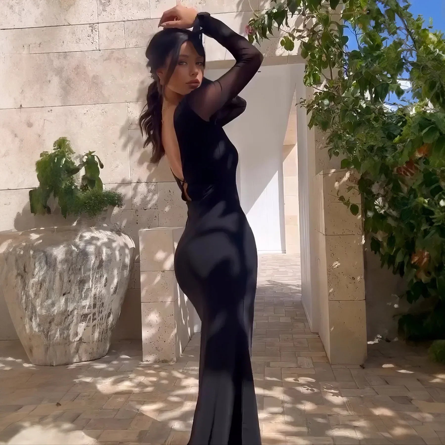 Mesh Sleeve Open Back Criss Cross Strap Bodycon Maxi Dress