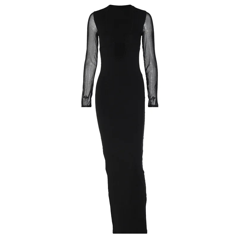 Mesh Sleeve Open Back Criss Cross Strap Bodycon Maxi Dress