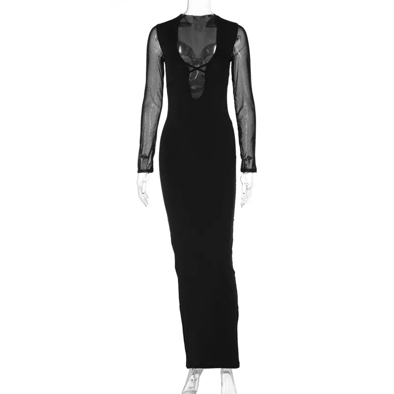 Mesh Sleeve Open Back Criss Cross Strap Bodycon Maxi Dress