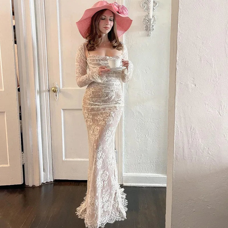 Floral Lace Long Sleeve Ruched Mermaid Maxi Dress