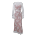 Floral Lace Long Sleeve Ruched Mermaid Maxi Dress