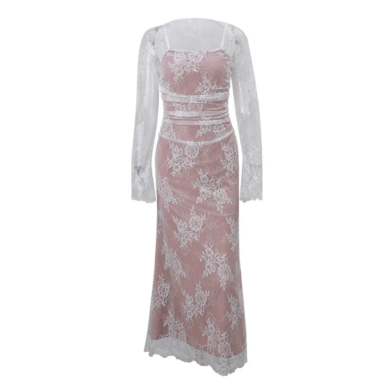 Floral Lace Long Sleeve Ruched Mermaid Maxi Dress