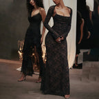 Floral Lace Long Sleeve Ruched Mermaid Maxi Dress