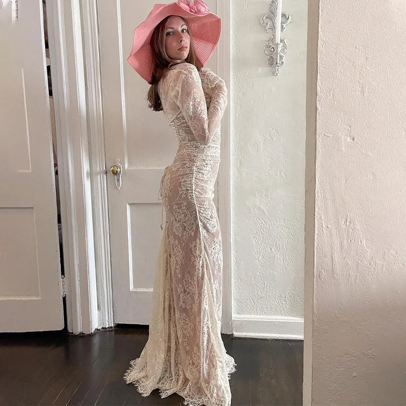 Floral Lace Long Sleeve Ruched Mermaid Maxi Dress