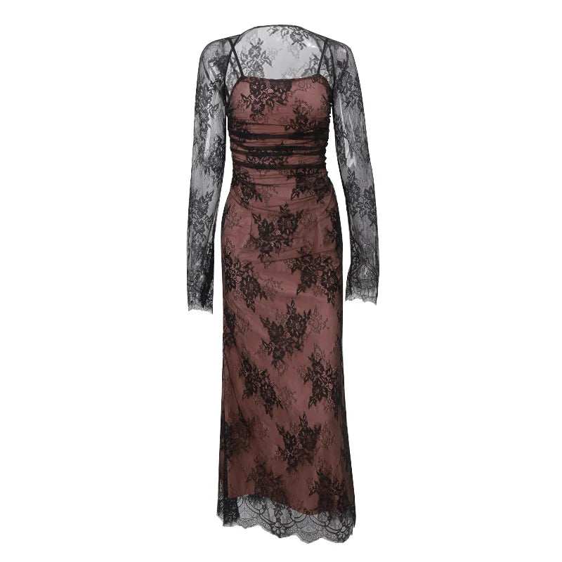 Floral Lace Long Sleeve Ruched Mermaid Maxi Dress