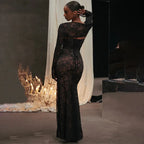 Floral Lace Long Sleeve Ruched Mermaid Maxi Dress
