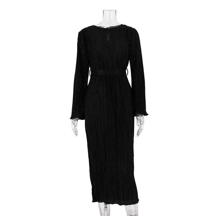 Pleated Bell Sleeve Tie Waist Column Maxi Dress