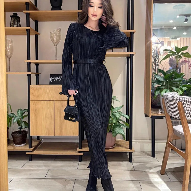 Pleated Bell Sleeve Tie Waist Column Maxi Dress