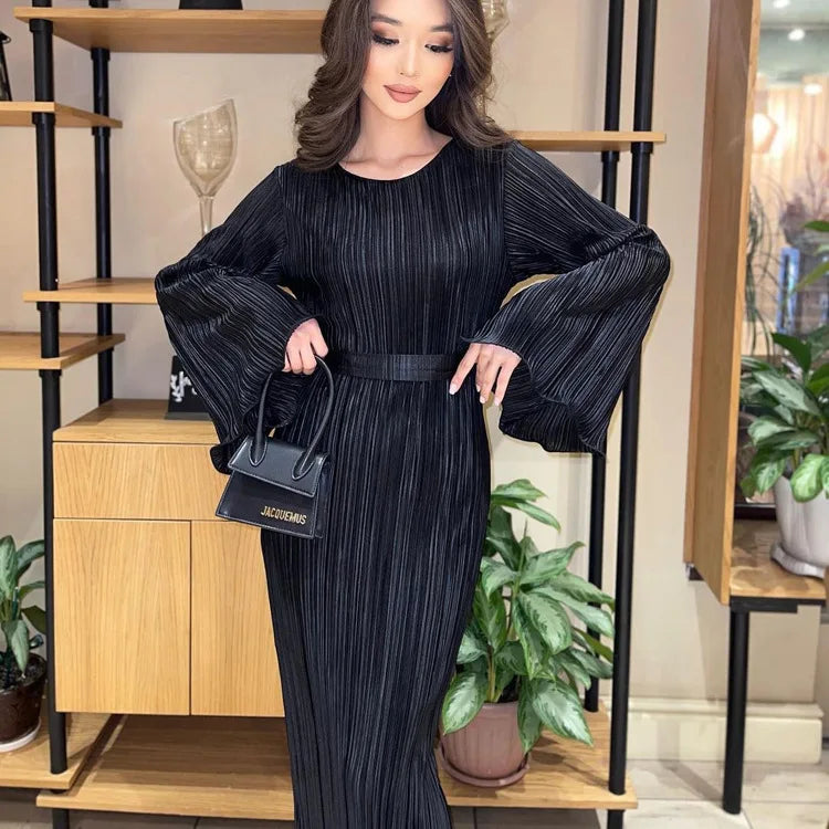 Pleated Bell Sleeve Tie Waist Column Maxi Dress