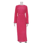 Pleated Bell Sleeve Tie Waist Column Maxi Dress