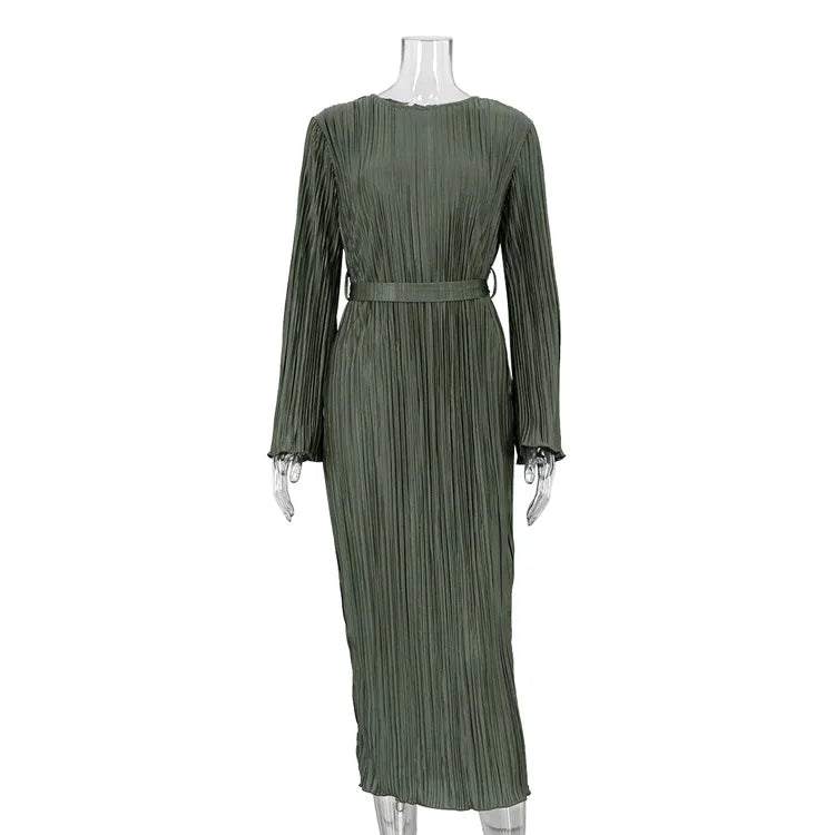 Pleated Bell Sleeve Tie Waist Column Maxi Dress
